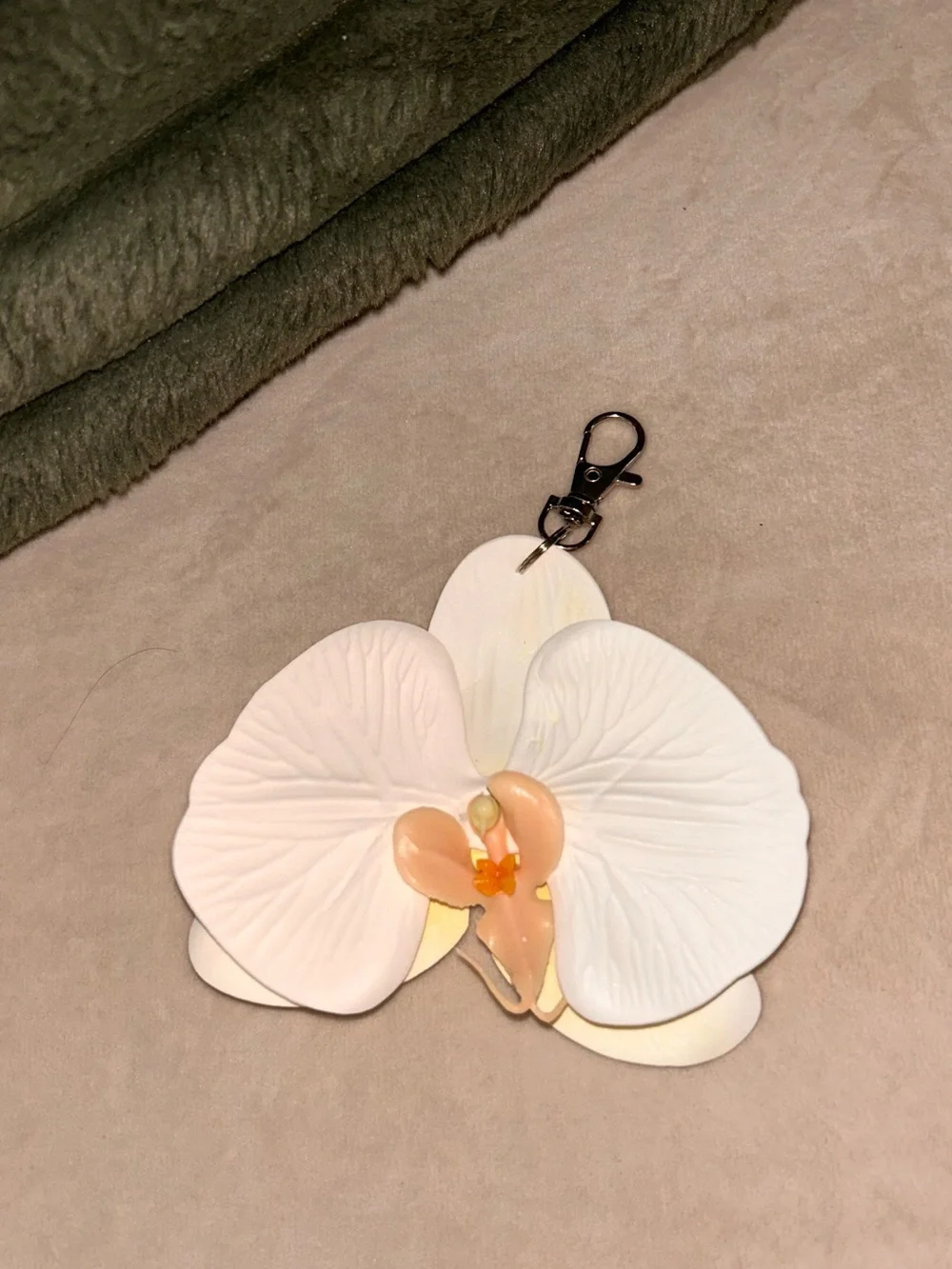 White Orchid Keychain Charm with Peach Accent